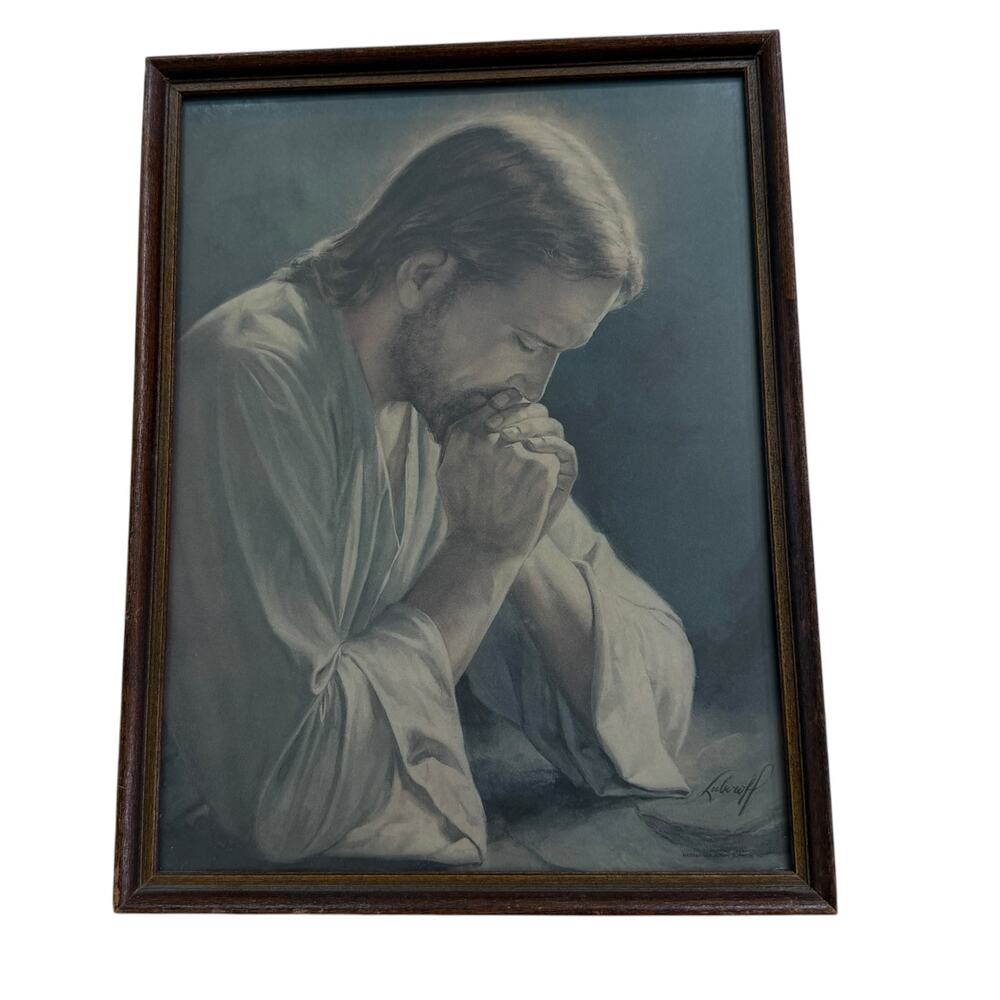 Hour Of Prayer Print William Luberoff Lithograph Vintage Wood Framed Christian